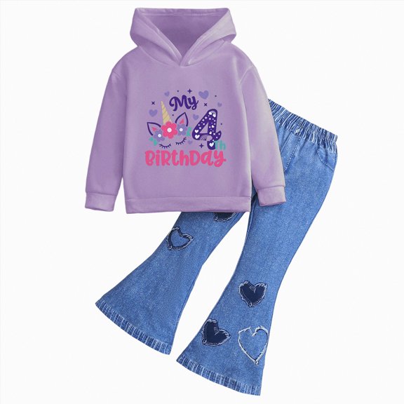 UAYOTSE Girls Comfortable and Warm Set Cute Cartoon Print Long Sleeved Hoodie Flared Pants Casual Two Piece Set,Sizes 6-7 Years