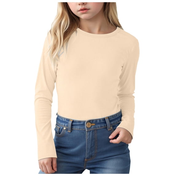 UAYOTSE Girls Cotton Long Sleeve T-Shirt Toddler Comfort Soft Thick Basic Crewneck Tee Tops(R28-Beige,3-4 Years)