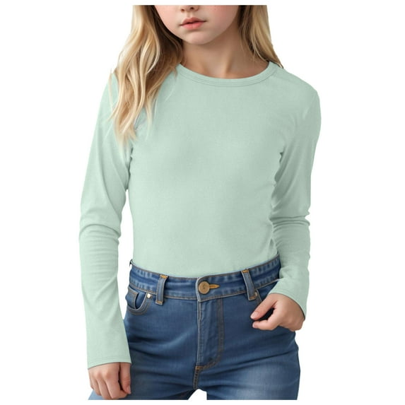 UAYOTSE Girls Cotton Long Sleeve T-Shirt Toddler Comfort Soft Thick Basic Crewneck Tee Tops(R32-Light Blue,5-6 Years)