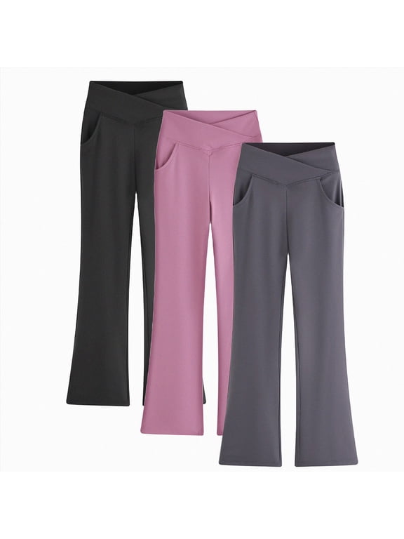 Girls Cross Waist Flare Pants V Front High Rise Side Pockets Kids Back to School Stretch Trousers Fall,Sizes 7-8 Years