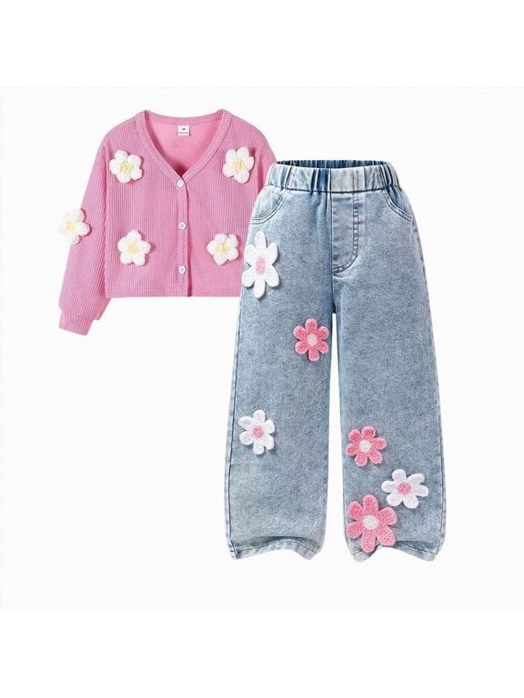 Girls Fall Knit Sweater + Jeans 2Pcs Set Fashionable School Daily Wear Outfit Size 6-7 Years