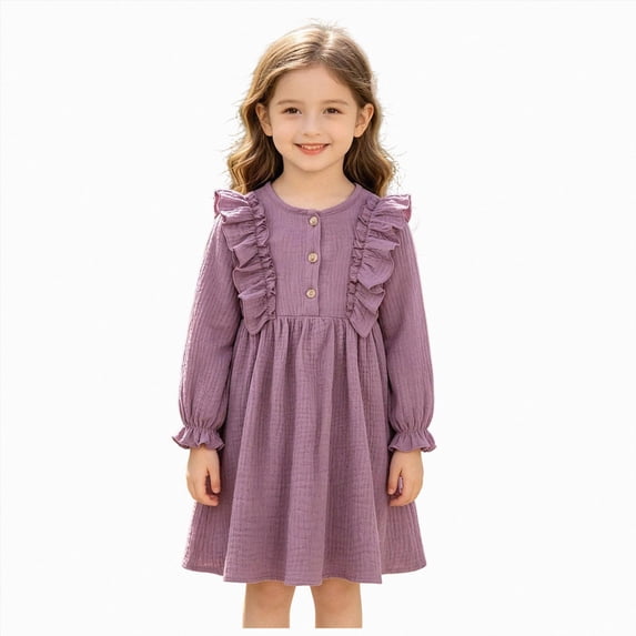 UAYOTSE Girls Fall Long Sleeve Dress 4T 5T 6Y 8Y 10Y Ruffle Trim Button Front Loose Fit Casual Daily Wear for Little Kids