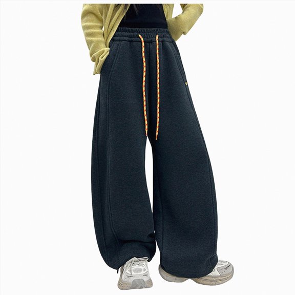 UAYOTSE Girls Fleece Lined Sweatpants Winter Wide Leg Elastic Waist Pants Kids Baggy Solid Athletic Thermal Warm Joggers,Sizes 10-12 Years
