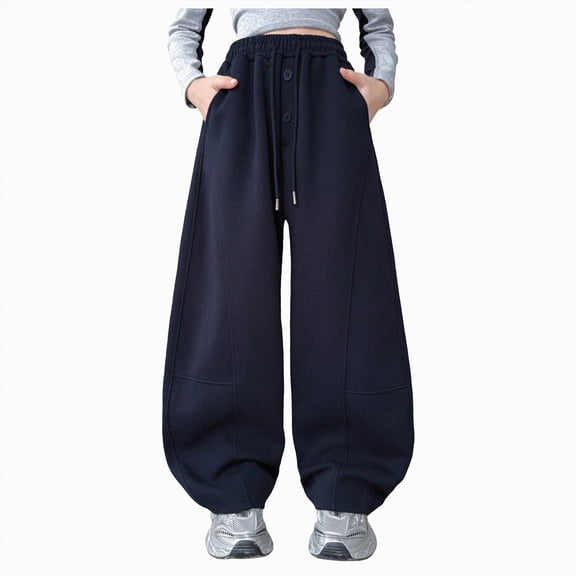 UAYOTSE Girls Fleece Lined Sweatpants Winter Wide Leg Elastic Waist Pants Kids Baggy Solid Athletic Thermal Warm Joggers,Sizes 12-14 Years