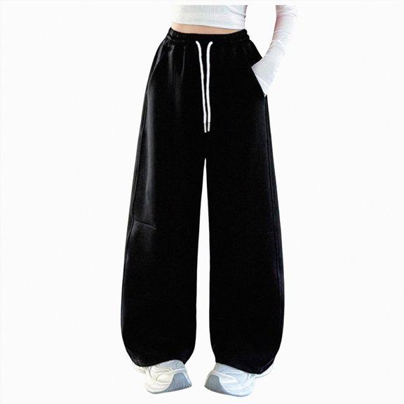 UAYOTSE Girls Fleece Lined Sweatpants Winter Wide Leg Elastic Waist Pants Kids Baggy Solid Athletic Thermal Warm Joggers,Sizes 12-15 Years