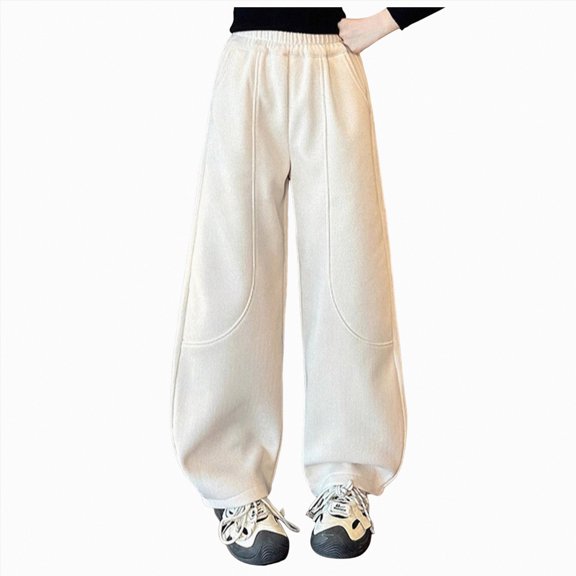 UAYOTSE Girls Fleece Lined Sweatpants Winter Wide Leg Elastic Waist Pants Kids Baggy Solid Athletic Thermal Warm Joggers,Sizes 6-7 Years