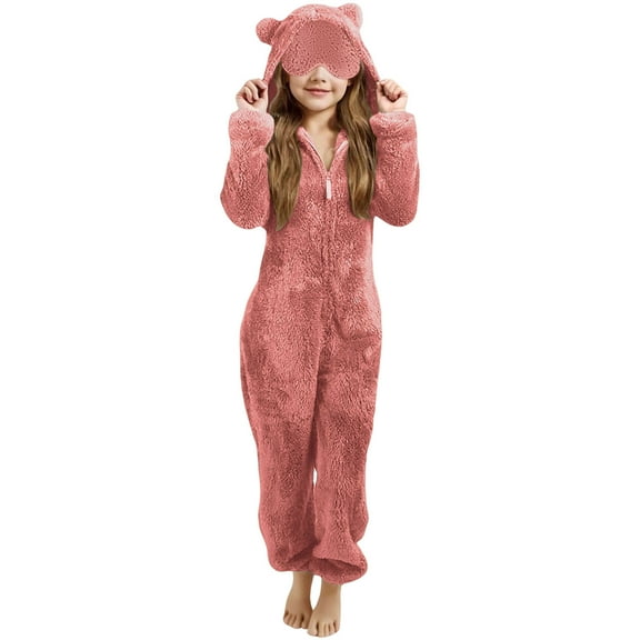 UAYOTSE Girls Fleece Warm Fleece Bed Jumpsuit Kids Cute Winter Plain Zip Up Long Sleeve Soft Hooded Romper,Sizes 8-9 Years