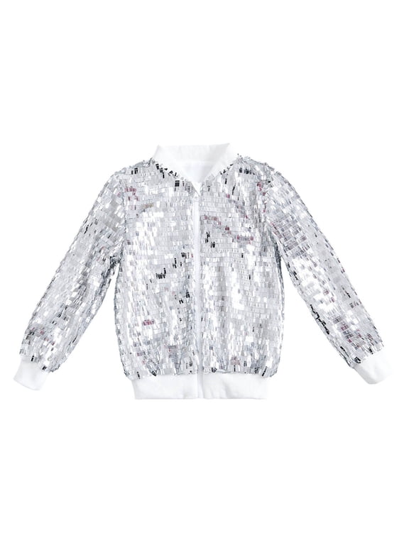 Girls Flip Sequin Jackets Kids Rainbow Sparkle Outwear Glitter Sleeve Shiny Metallic Coat,Silver 6-8 Years