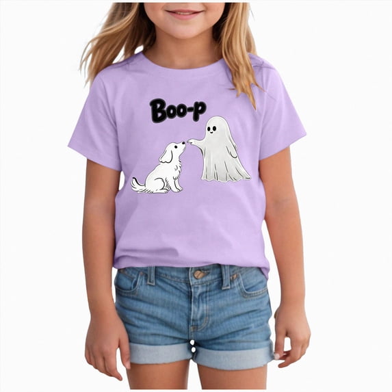 UAYOTSE Girls Ghost And Dog Boo‑p Graphic Short Sleeve T‑Shirt, Kids Cute Halloween Holiday Casual Tee Size 9-10 Years