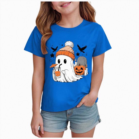 UAYOTSE Girls Halloween Short Sleeve Tee Cozy Fall Ghost Halloween Graphic Crew Neck Kids Party Shirt