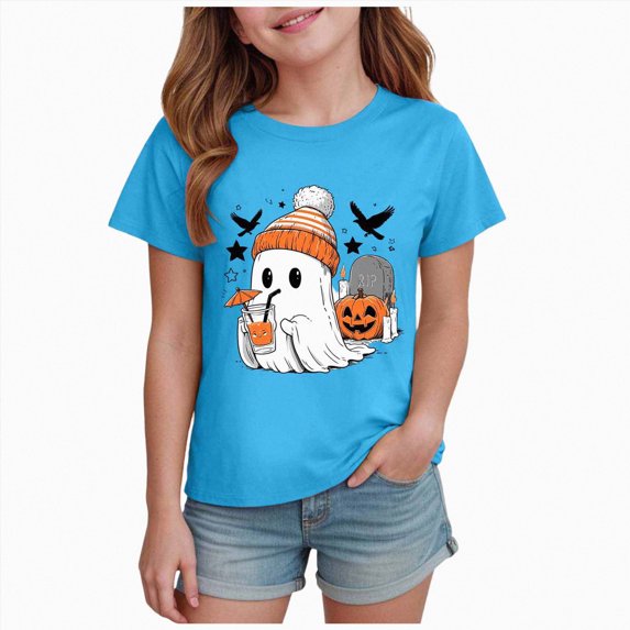 UAYOTSE Girls Halloween Short Sleeve Tee Cozy Fall Ghost Halloween Graphic Crew Neck Kids Party Shirt