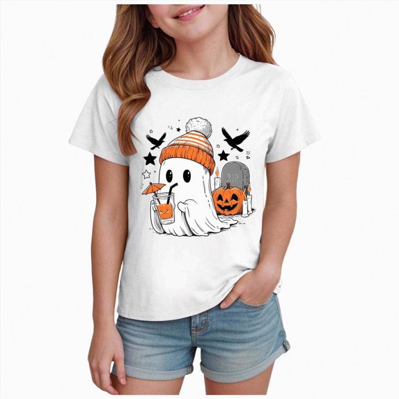 UAYOTSE Girls Halloween Short Sleeve Tee Cozy Fall Ghost Halloween Graphic Crew Neck Kids Party Shirt