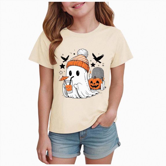 UAYOTSE Girls Halloween Short Sleeve Tee Cozy Fall Ghost Halloween Graphic Crew Neck Kids Party Shirt