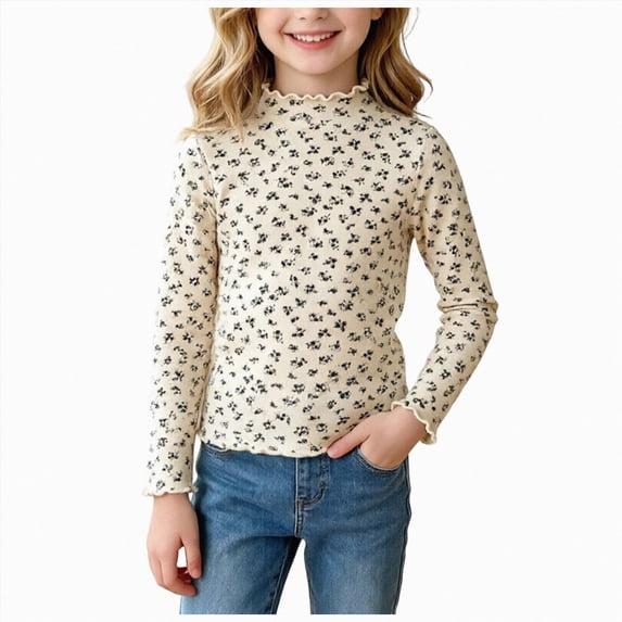 UAYOTSE Girls Kids Floral Mock Neck Top Long Sleeve Ruffle Trim Cute Allover Print School Layering Fall,Sizes 1-2 Years