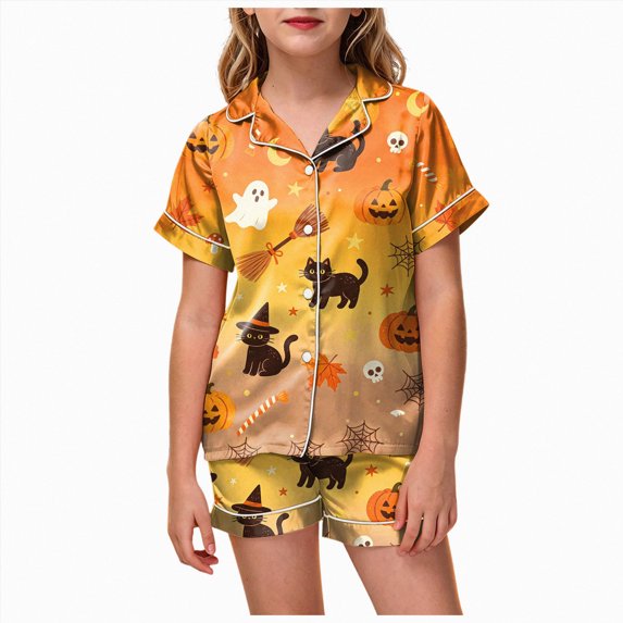 UAYOTSE Girls Lightweight Satin Sleep Outfit, Collared Button‑Front Short‑Sleeve Top and Matching Shorts, Usable Pjs for Sleepovers and Home Relaxation Size 4-5 Years