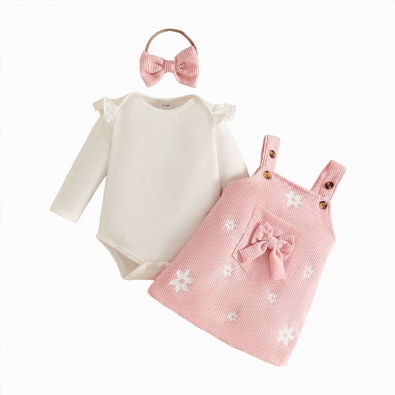 UAYOTSE Girls Long Sleeved Romper Top Overalls Skirt and Hair Tie Set Comfortable Warm and Stylish,Sizes 18-24 Months