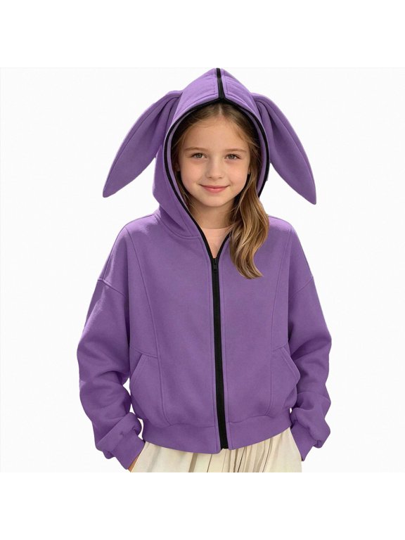 Girls Novelty Bunny Ear Zip‑Up Hoodie, Casual Cropped Long‑Sleeve Hooded Sweatshirt Jacket with Kangaroo Pockets Size 11-12 Year