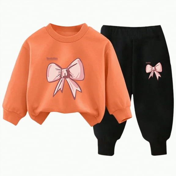 UAYOTSE Girls Outfit Sets 2 Pieces Long Sleeve Pullover Printed Girls Clothing Sets Orange Size 6 T,Sizes 5-6 Years