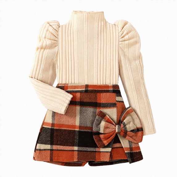 UAYOTSE Girls Puff Sleeve Knit Top Plaid Skort Set 4T 5T 6Y 8Y High Neck Ribbed Sweater Bow Decor Skirt Shorts Fall Winter Outfit