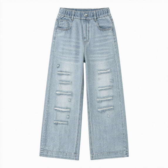 UAYOTSE Girls' Ripped Jeans: Stylish Casual Versatile and Fashionable Straight Leg Wide Leg Pants with Elastic Waist for Medium and Large Girls.,Sizes 9-10 Years