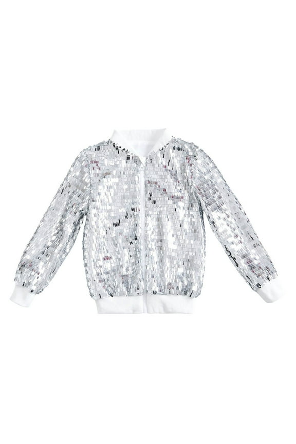 Girls Sequin Jacket for Kids Glitter Long Sleeve Zipper Cropped Bomber Jacket,Silver 10-12 Years