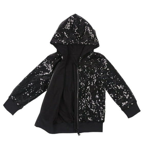 UAYOTSE Girls Sequin Jackets Bomber Jacket Zip Up Coat Sparkle Outwear Birthday Clothes,Black 5-6 Years