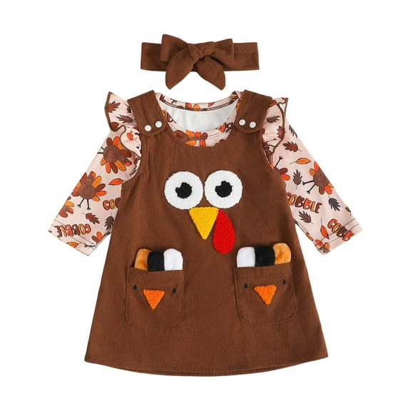 UAYOTSE Girls Set Baby Girl Baby Girl Thanksgiving Turkey Letter Long Sleeved Shirt Suspender Skirt Three Piece Set(12-18 Months,I200-Brown)