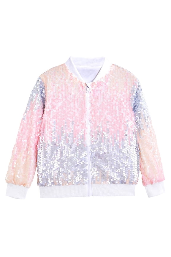 Girls Shiny Sequin Bomber Jacket Long Sleeve Lightweight Sparkle Jackets Coat Club Party Tops,Pink 12-14 Years