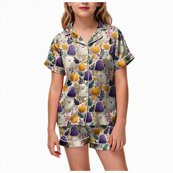 UAYOTSE Girls Silky Collared Pajama 2‑Piece, Short Sleeve Button‑Front Top with Coordinating Shorts, Home‑Ready Sleep Outfit for Young Girls Size 10-11 Years