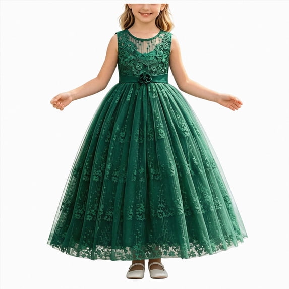 UAYOTSE Girls Sleeveless Lace formal Maxi Dress 4 5 6 7 8 9 10 Years Floral Lace Tulle Long Pageant Gown for Wedding Flower Girl