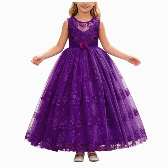 UAYOTSE Girls Sleeveless Lace formal Maxi Dress 4 5 6 7 8 9 10 Years Floral Lace Tulle Long Pageant Gown for Wedding Flower Girl