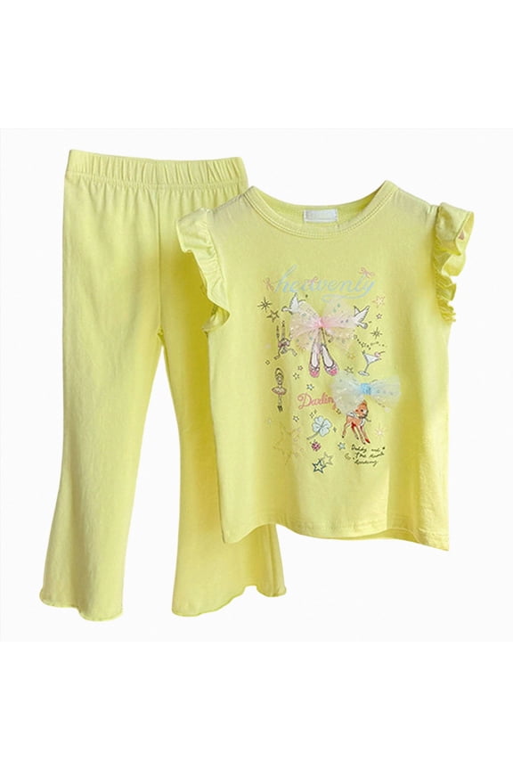 Girls Summer Two Piece Set with Ruffled Sleeve Vest and Flared Pants Cartoon Print Breathable Cotton Childrens Clothing,Sizes 7-8 Years