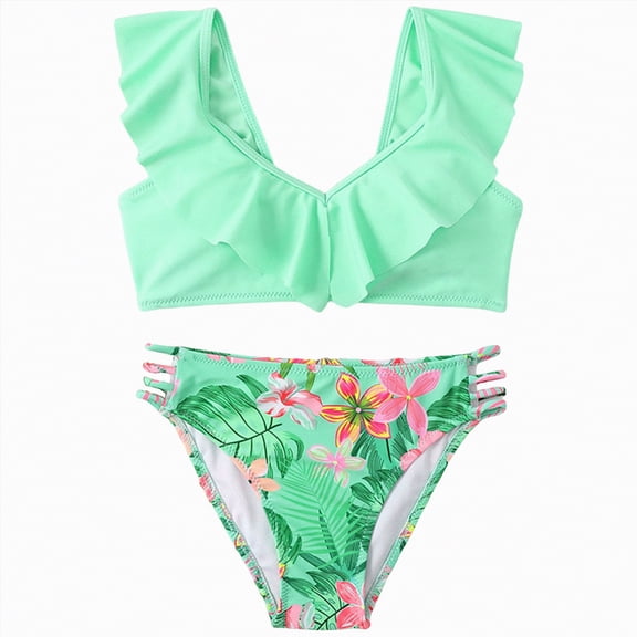 UAYOTSE Girls Swimsuit Solid Color 2 Piece Girls Tankini Swimsuit Contrast Teen Bathing Suit Padded Swimwear,Sizes 13-14 Years