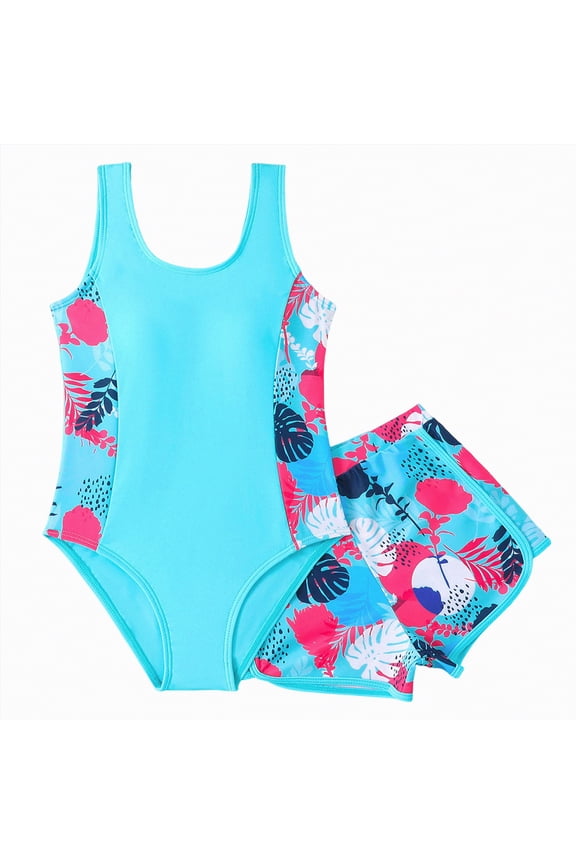 Girls' Swimsuit with Shorts for Tweens Floral Swimwear Bathing Suit for Young Girls,Sizes 13-14 Years