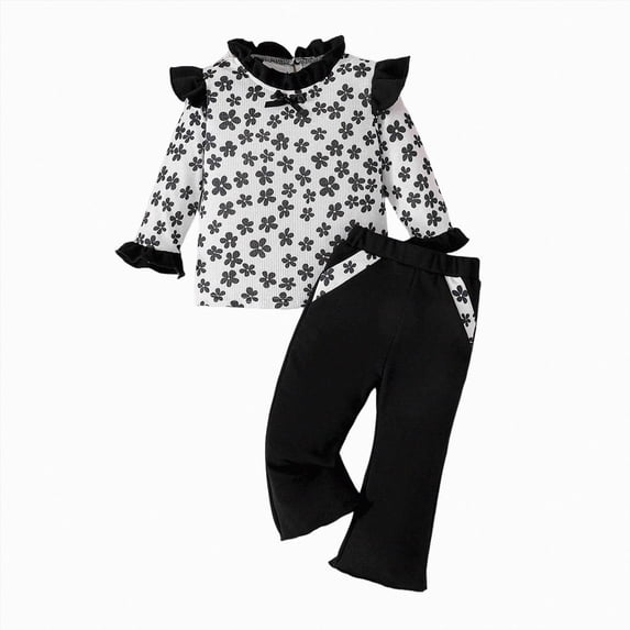 UAYOTSE Girls White Floral Ruffled Flutter Sleeve Top + Patchwork Flared Pants 2Pcs Set Size 12-18 Months