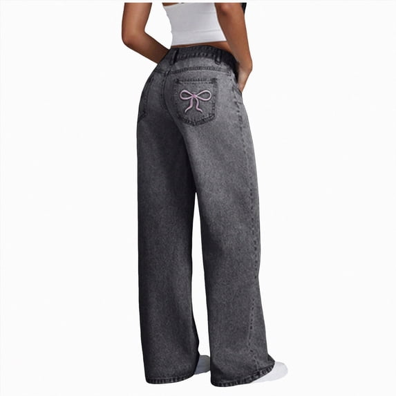 UAYOTSE Girls Wide Leg Jeans Baggy Bow Embroidery High Elastic Waist Denim Pants Cute Trendy Tween Streetwear,Sizes 12-13 Years