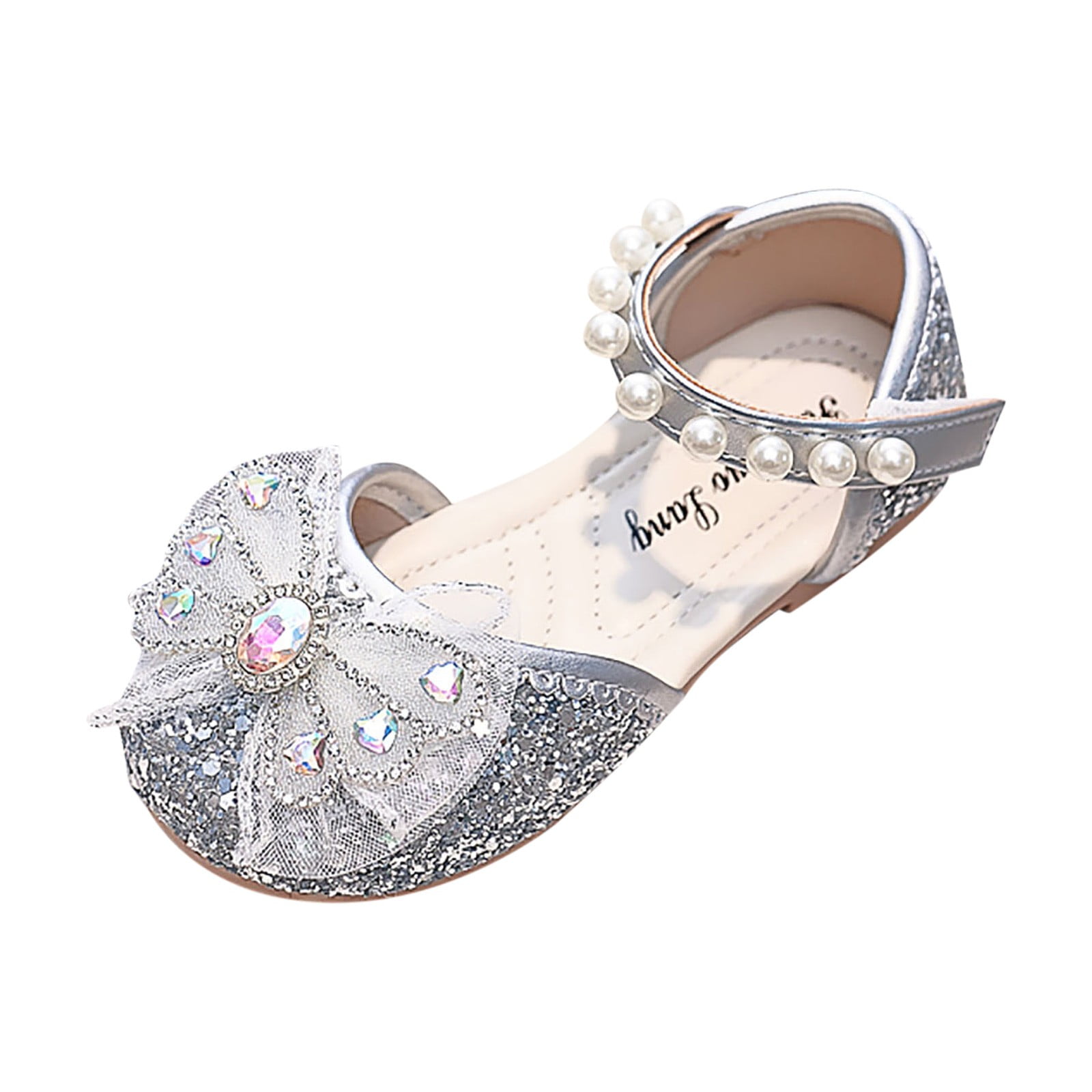 Wavlynn Beige Pearl Bow Buckle Flats For Girls Glittery Dress Shoes With Cushioned Insole main image 0