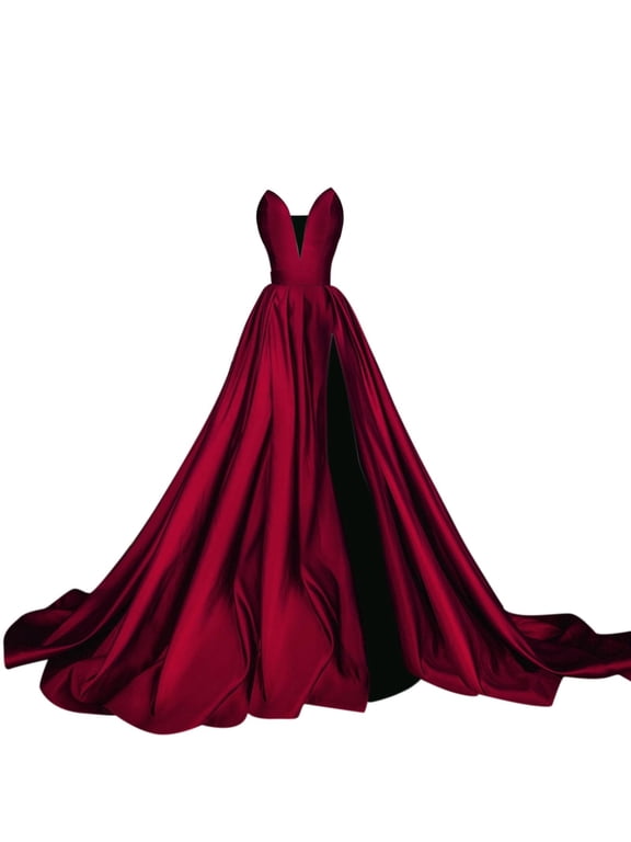 Glitter Satin Prom Dresses for Women 2024 Spaghetti Straps Slit Evening Formal Ball Gowns,Red L