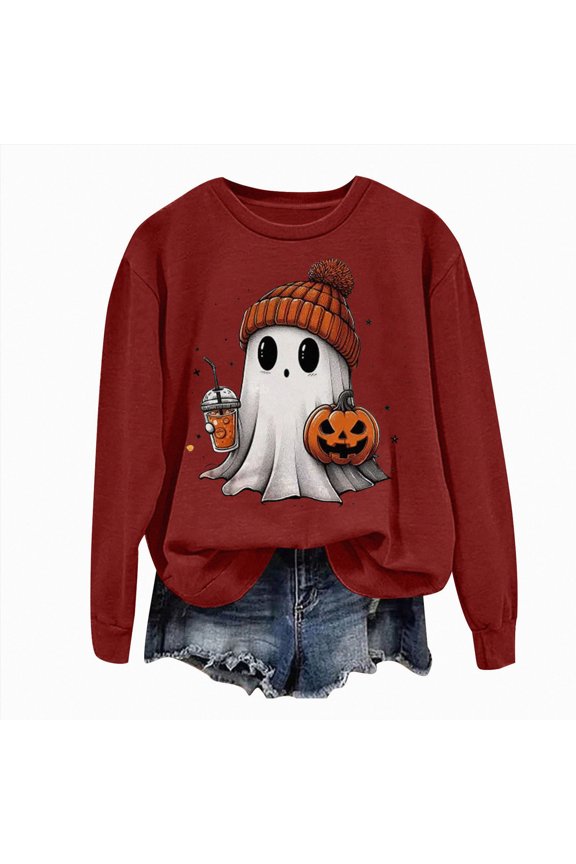Halloween Sweatshirts Pumpkin Face Dancing Skeleton Shirt Long Sleeve Sweater Funny Graphic Pullover,Sizes S