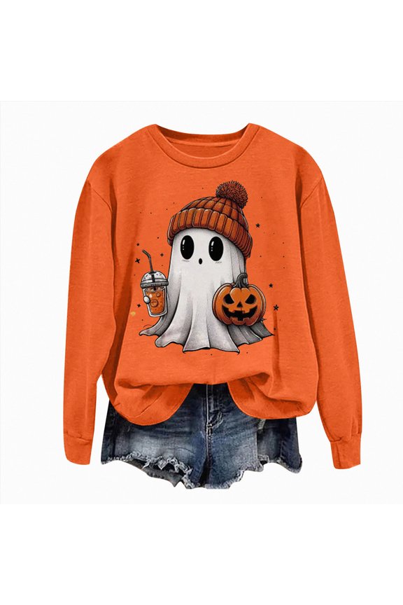 Halloween Sweatshirts Pumpkin Face Dancing Skeleton Shirt Long Sleeve Sweater Funny Graphic Pullover,Sizes S