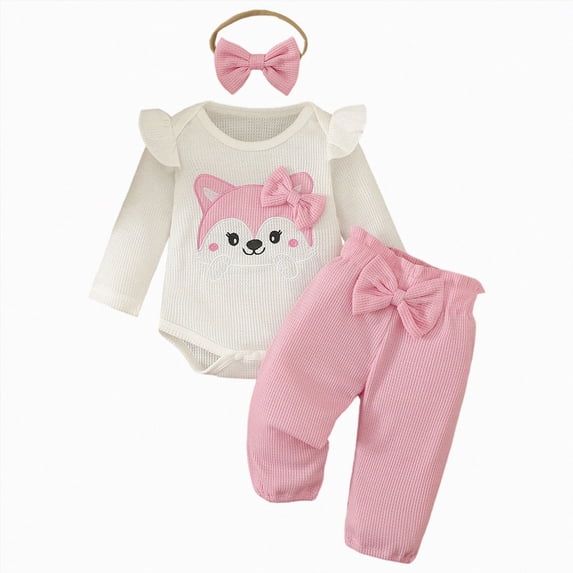 UAYOTSE Infant Baby Girl Outfits Ruffle Bear Long Sleeve Romper Bodysuit Tops Pants Set Cute Fall Winter Clothes Size 12-18 Months