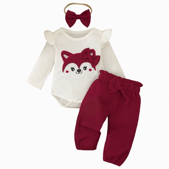 UAYOTSE Infant Baby Girl Outfits Ruffle Bear Long Sleeve Romper Bodysuit Tops Pants Set Cute Fall Winter Clothes Size 12-18 Months