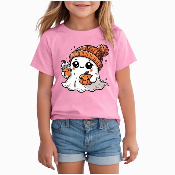 UAYOTSE Infant Toddler Crew Neck Tee Pretty Color Bow Ghost Print Girl Halloween Short Sleeve Daily Shirts,Sizes 2-3 Years