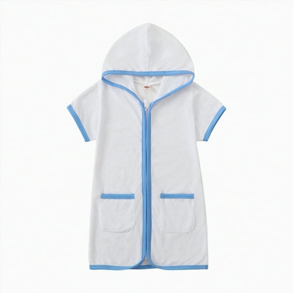 UAYOTSE Kid Boys Girls Swim Cover Up Kid Hooded Zip-Up Terry Swimsuit Coverup Towel Bathing Suit Bathrobe Pool Beach Robe Dress(2-3 Years,Blue)