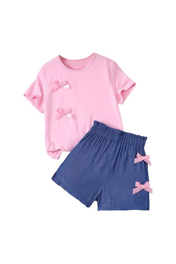 Kid Girls Clothes Outfits Cute Sweet Bowknot Print T Shirt + Bowknot 2 In 1 Denim Short Summer Clothing Set,Sizes 8-9 Years