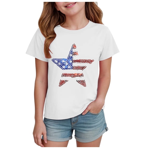 UAYOTSE Kids 4th of July T-Shirts Girls Girls American Flag Print Summer Short Sleeve Tops,Sizes 9-10Years
