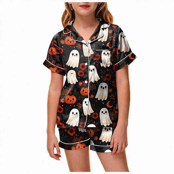 UAYOTSE Kids Collared Satin Pajama Set, Easy Button‑Front Short‑Sleeve Top and Sleep Shorts, Soft Loungewear for Girls All‑Season Use Size 8-9 Years