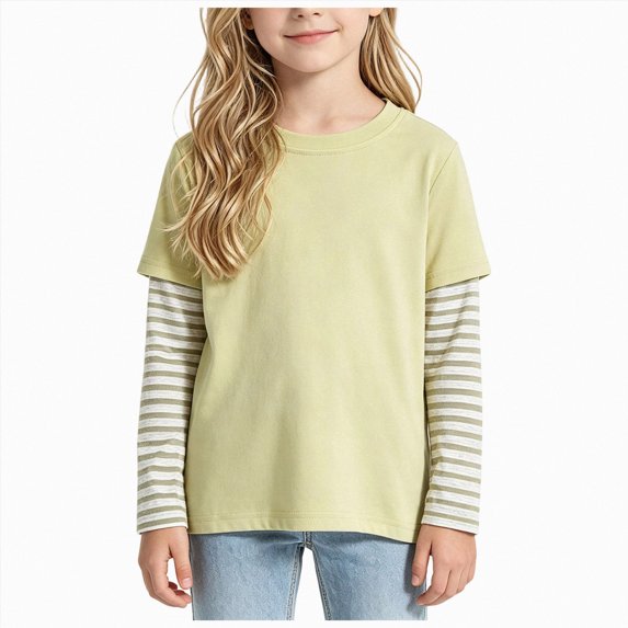 UAYOTSE Kids Girls Fake Two Piece Long Sleeve T Shirt Striped Splice Crew Neck Casual Daily Top