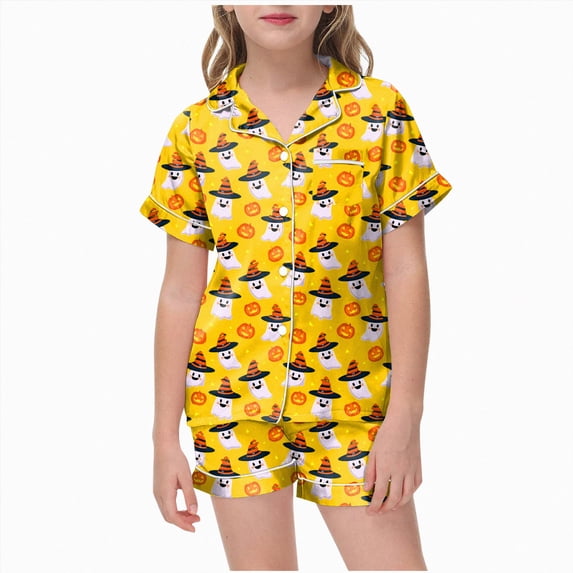 UAYOTSE Kids Home‑Wear Satin Pajama Outfit, Girls Button‑Up Collar Short‑Sleeve Top with Coordinating Shorts, Comfort‑Oriented Nightwear Set Size 8-9 Years