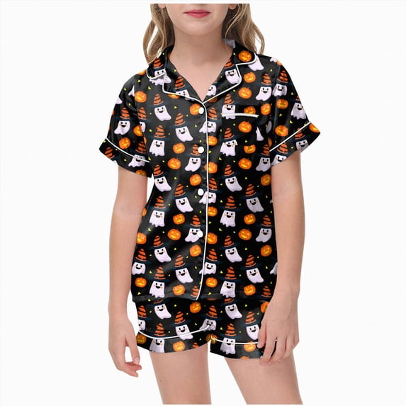 UAYOTSE Kids Home‑Wear Satin Pajama Outfit, Girls Button‑Up Collar Short‑Sleeve Top with Coordinating Shorts, Comfort‑Oriented Nightwear Set Size 8-9 Years